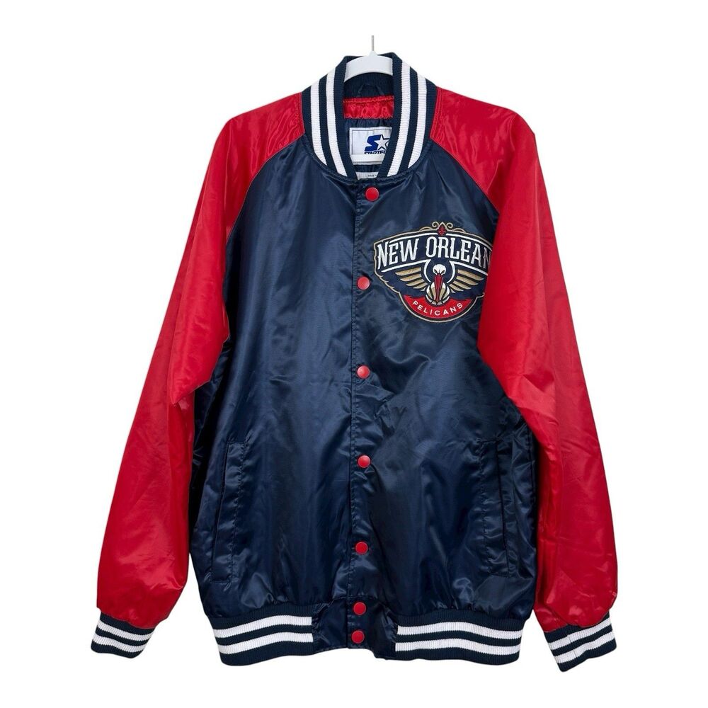 New Orleans Pelicans Starter Jacket Mens Sz XL Point Guard Satin Navy Red Snap